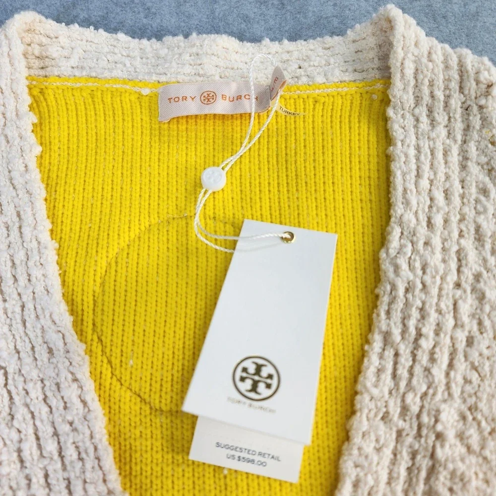 Tory Burch Sweater Womens XL Double Faced Floral Dot Cardigan Ivory/Lemon $598